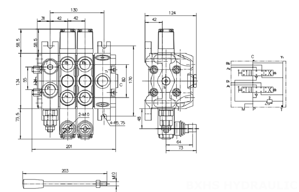 DCV100 手控 2路 分块式方向阀 drawing image