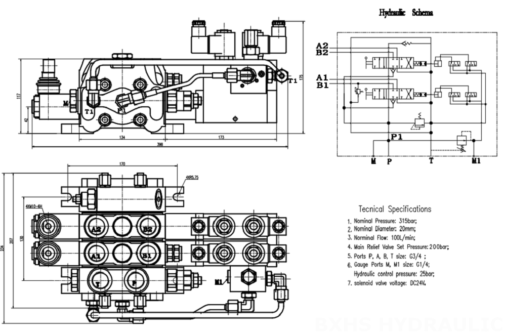 DCV100 电液控 2路 分块式方向阀 drawing image