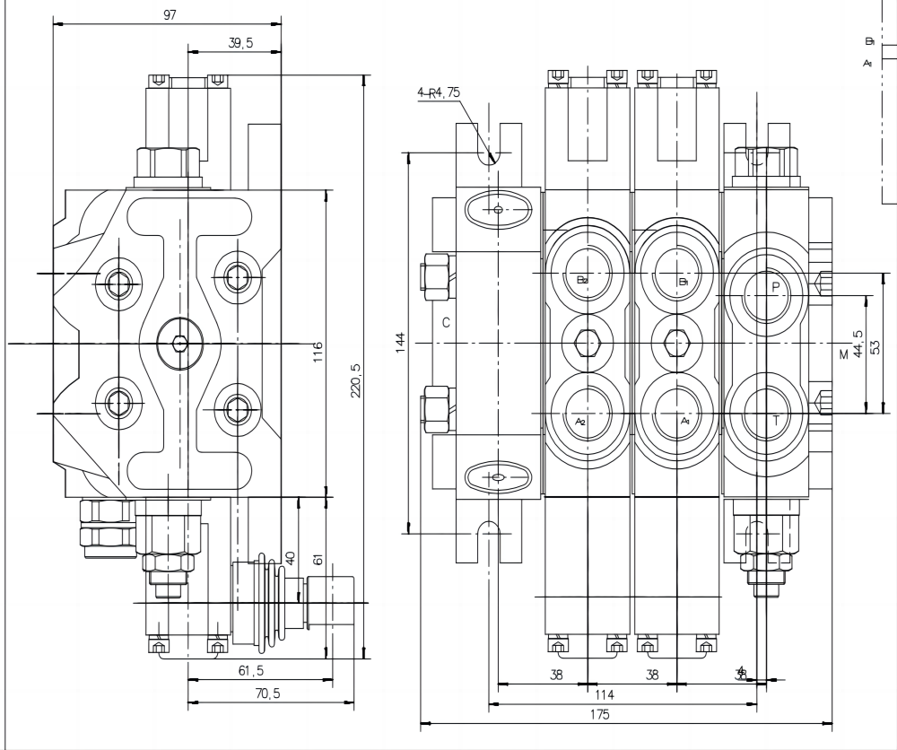 DCV60 手控 2路 分块式方向阀 drawing image