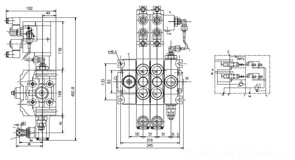 DCV200 电液控 2路 分块式方向阀 drawing image