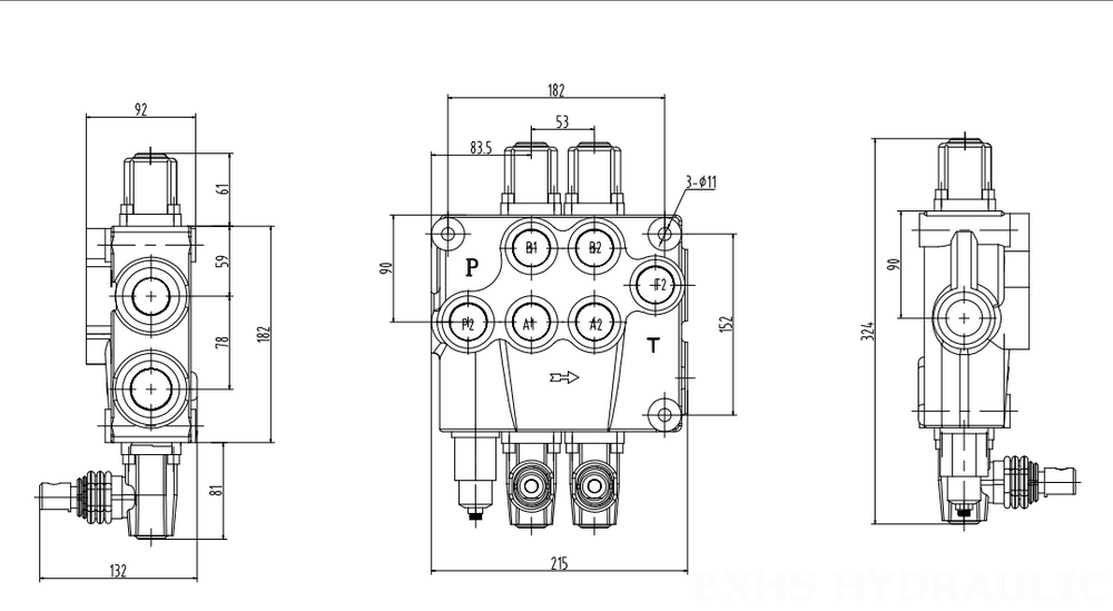 P120 手控 2路 单块式方向阀 drawing image