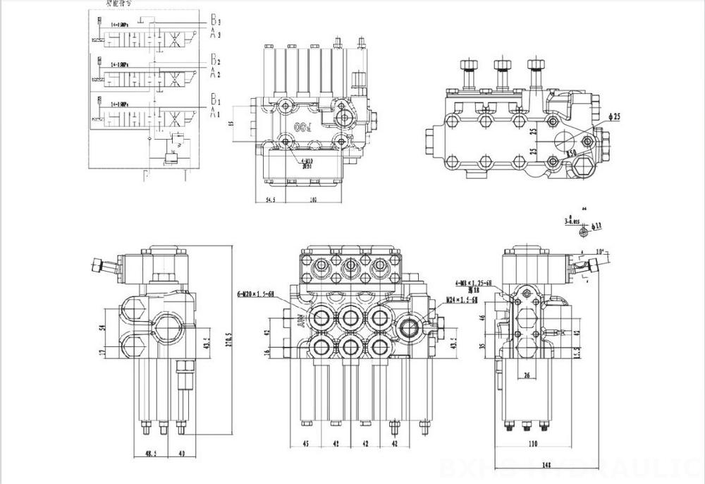 MP80 手动3联液压多路阀 手控 3路 液压分配器 drawing image
