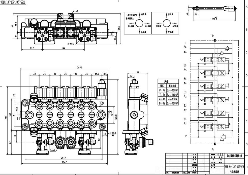 TR55 手控+一控二 6路 单块式方向阀 drawing image