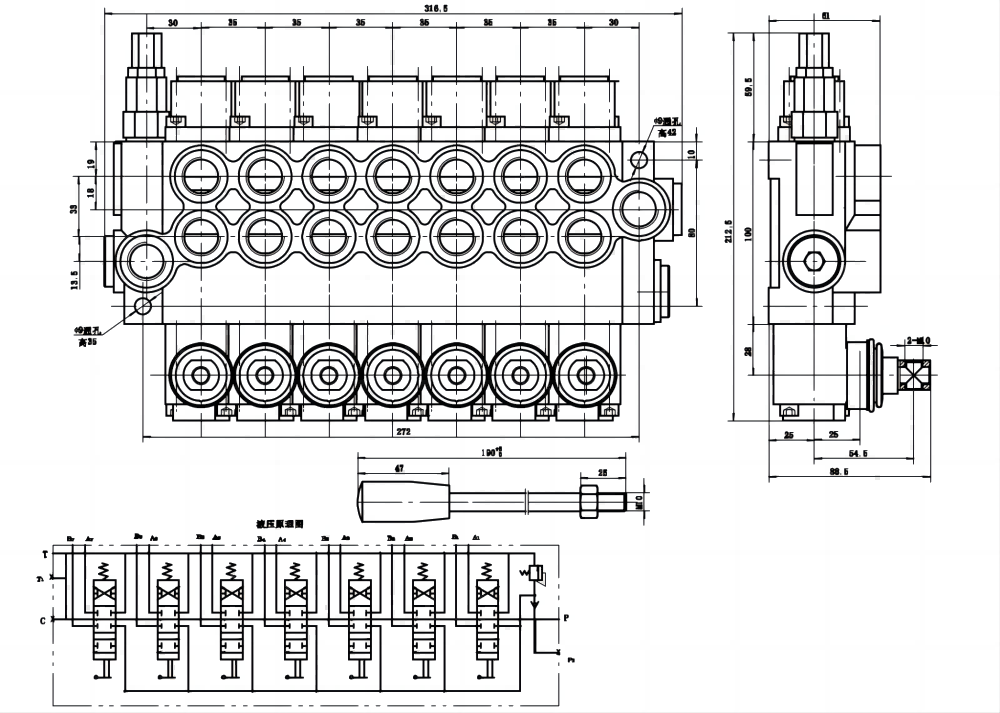 P40-U78 手控 7路 单块式方向阀 drawing image