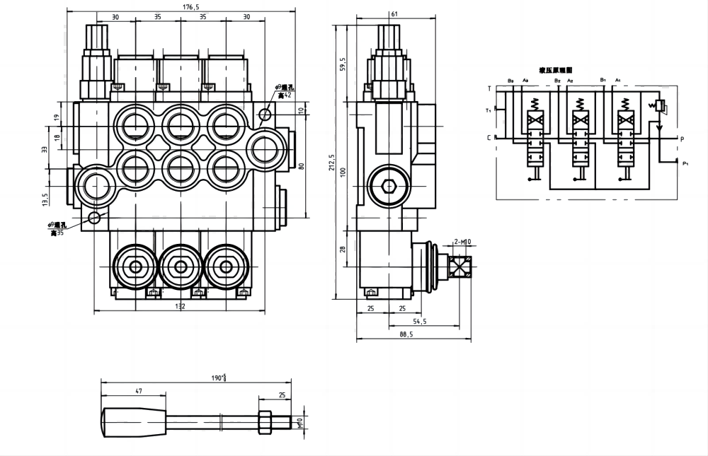 P40-G38-G12-OT-OT-OT 手控 3路 单块式方向阀 drawing image