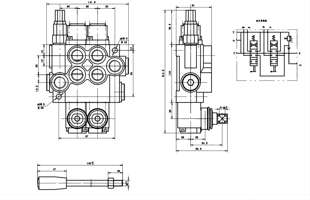 P40-G12 手控 2路 单块式方向阀 drawing image