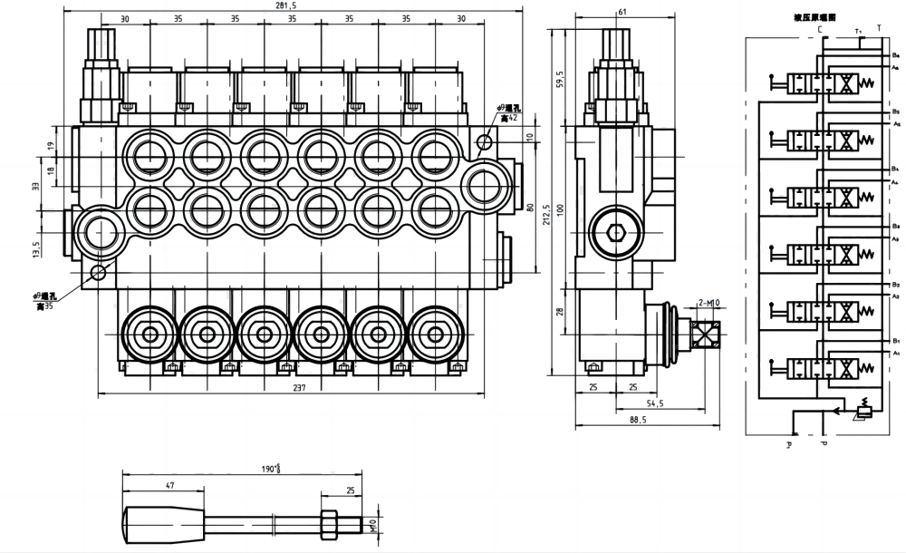 P40-G12-G38 手控 6路 单块式方向阀 drawing image