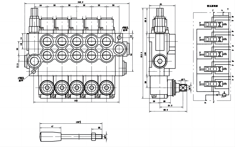 P40-G12-G38 手控 5路 单块式方向阀 drawing image