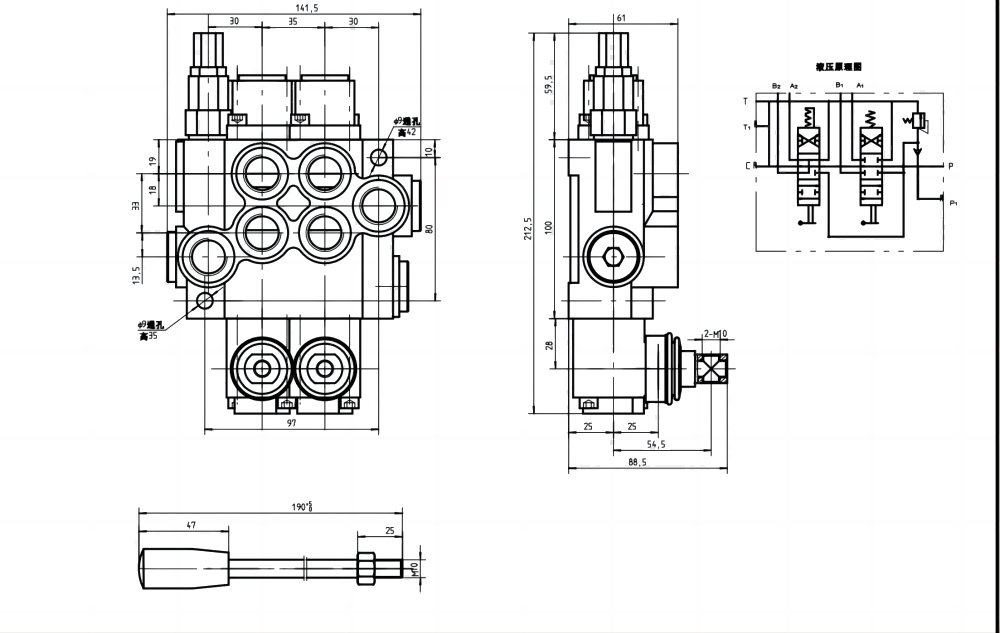 P40-U78-U34-OT-YW 手控 2路 单块式方向阀 drawing image