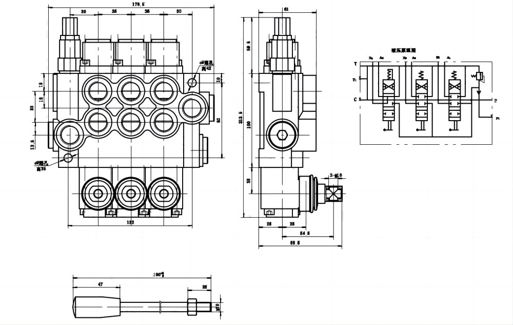P40-U78-U34-2OT-YW 手控 3路 单块式方向阀 drawing image