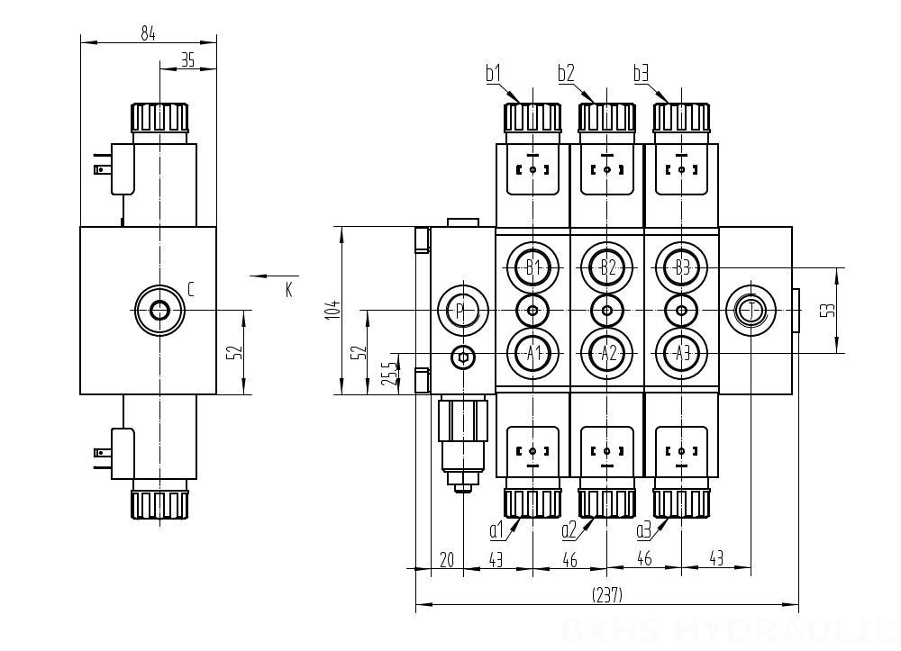 DCV58 电磁 3路 分块式方向阀 drawing image