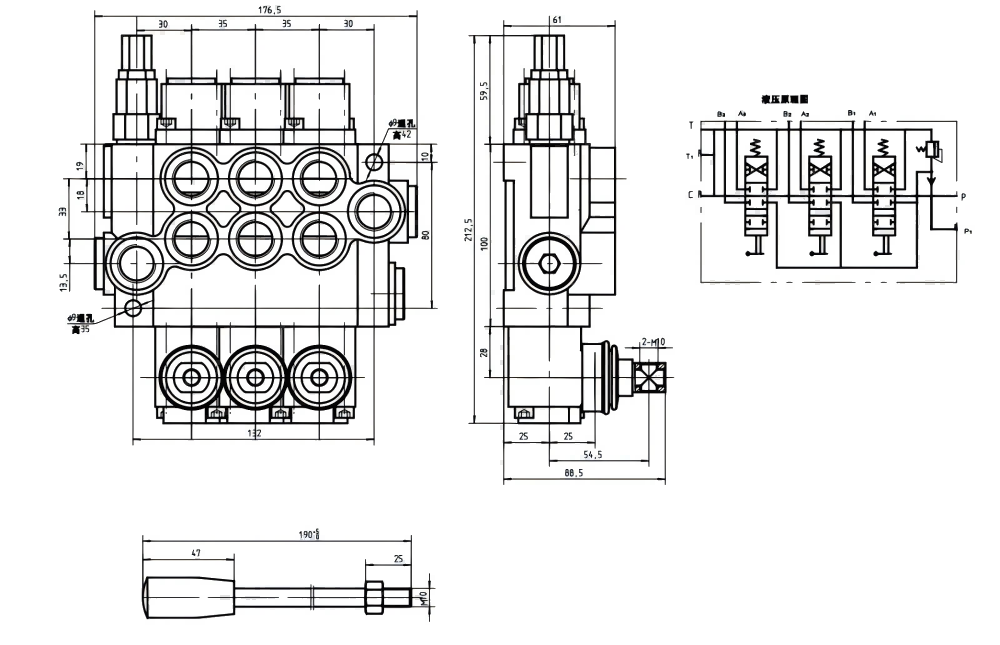 P40-G12 手控 3路 单块式方向阀 drawing image