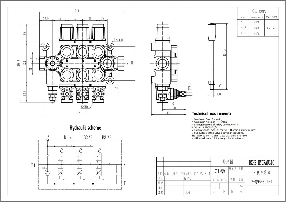 Q95 手动 3 联多路换向阀 手控 3路 单块式方向阀 drawing image