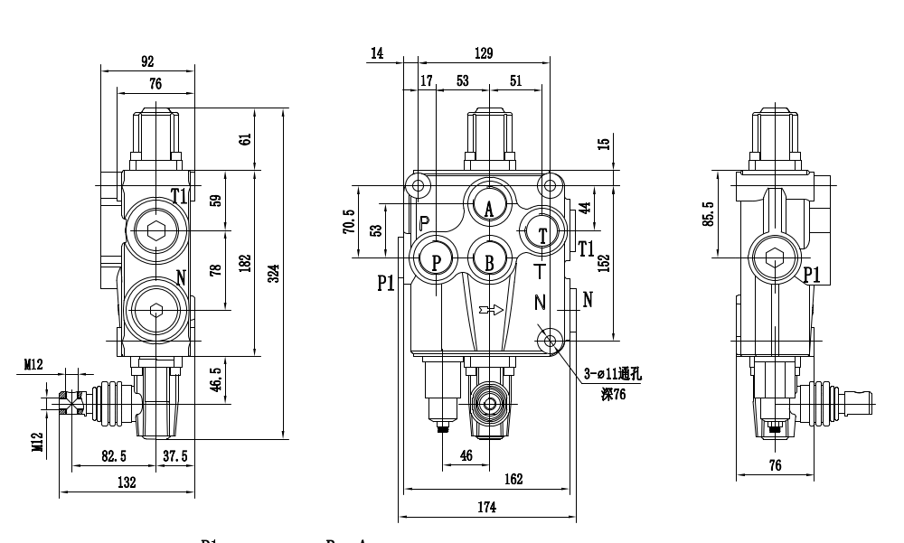 P120-G1-OT 手控 1路 单块式方向阀 drawing image