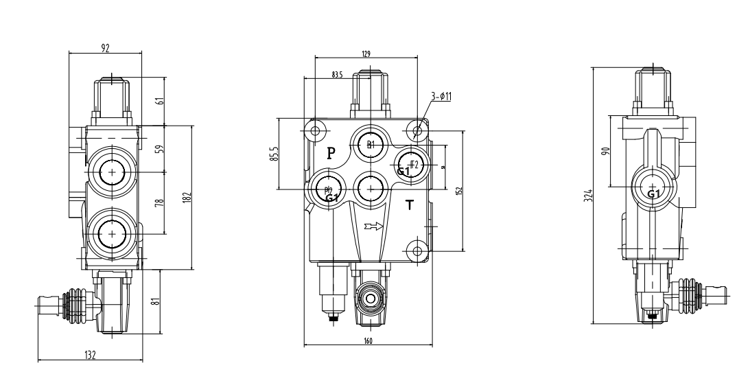 P120-G1 手控 1路 单块式方向阀 drawing image