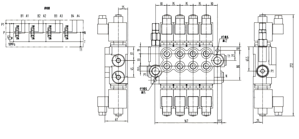 P40-DKL 电磁 4路 单块式方向阀 drawing image