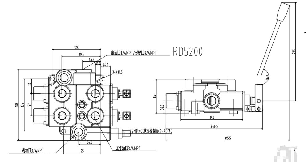 RD5200-H 手控 2路 液压控制阀 drawing image