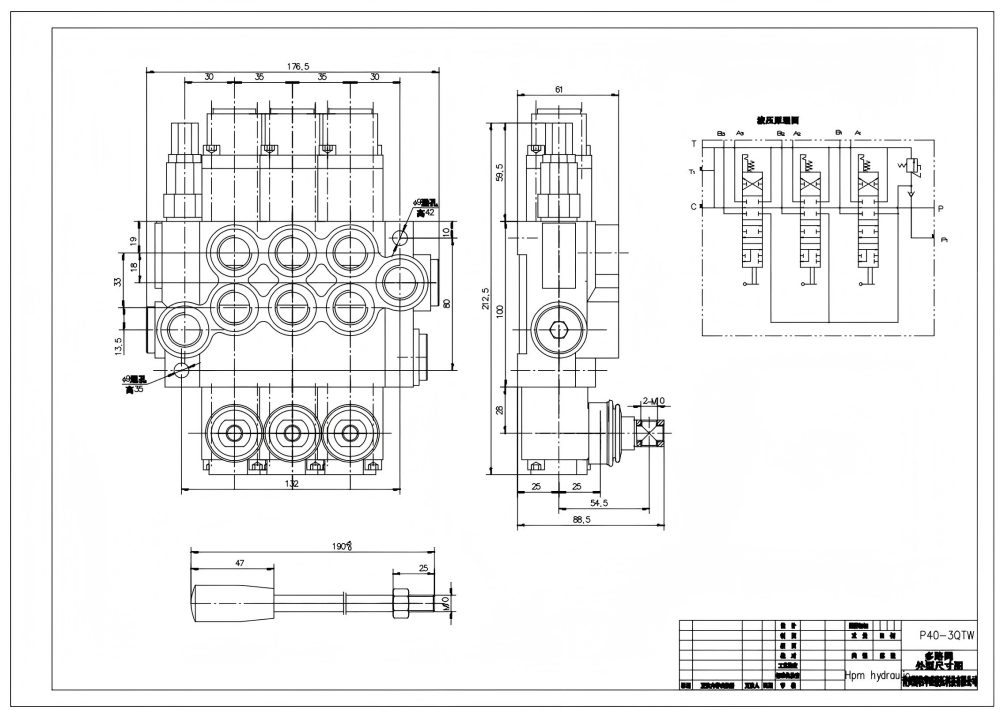 P40-G38-G12-QTW 手控 3路 单块式方向阀 drawing image