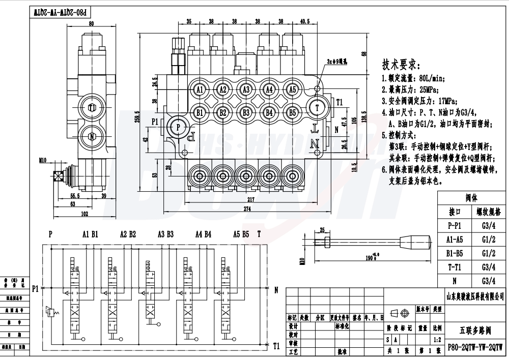 P80-G34-G12-2QTW-YW-2QTW 手控 5 联 单块式方向阀 drawing image