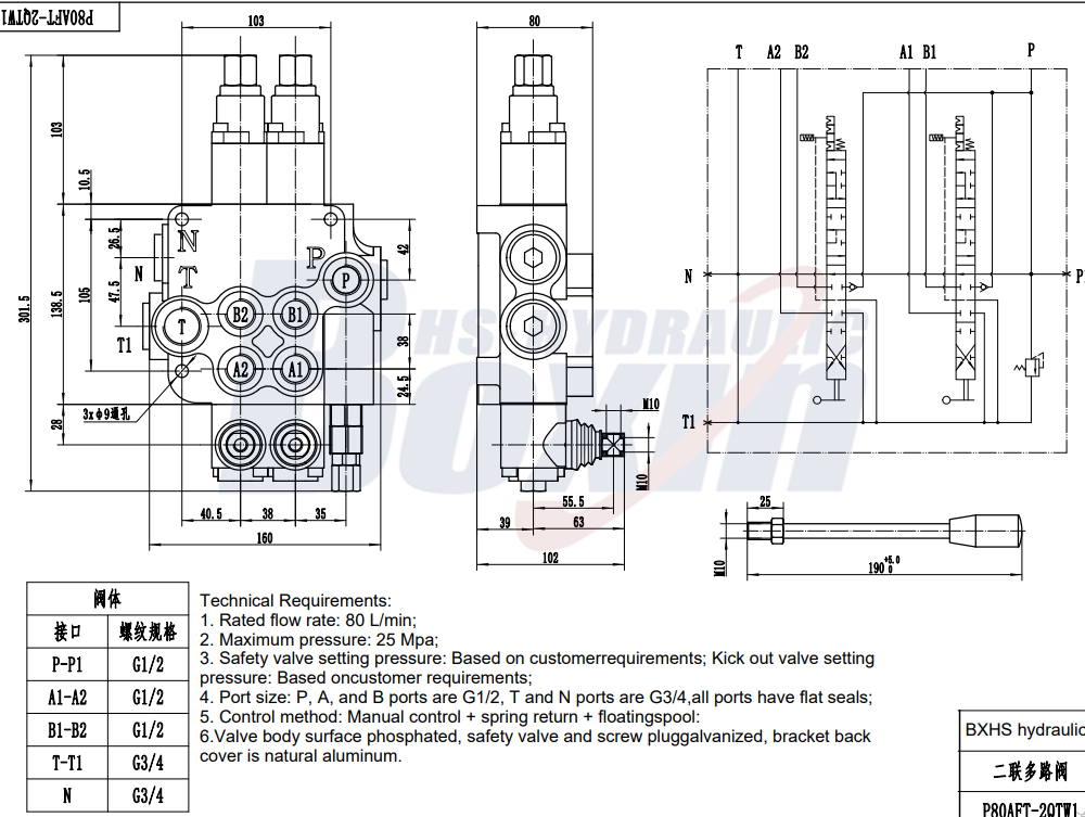 P80AFT-2QTW1 手控 2 联 单块式方向阀 drawing image