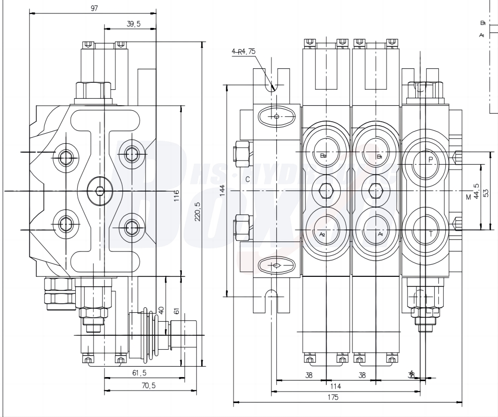 DCV60-FZJ 手控 2 联 分块式方向阀 drawing image