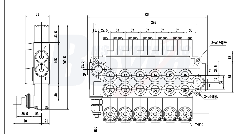 DCV40 手控 6 联 单块式方向阀 drawing image