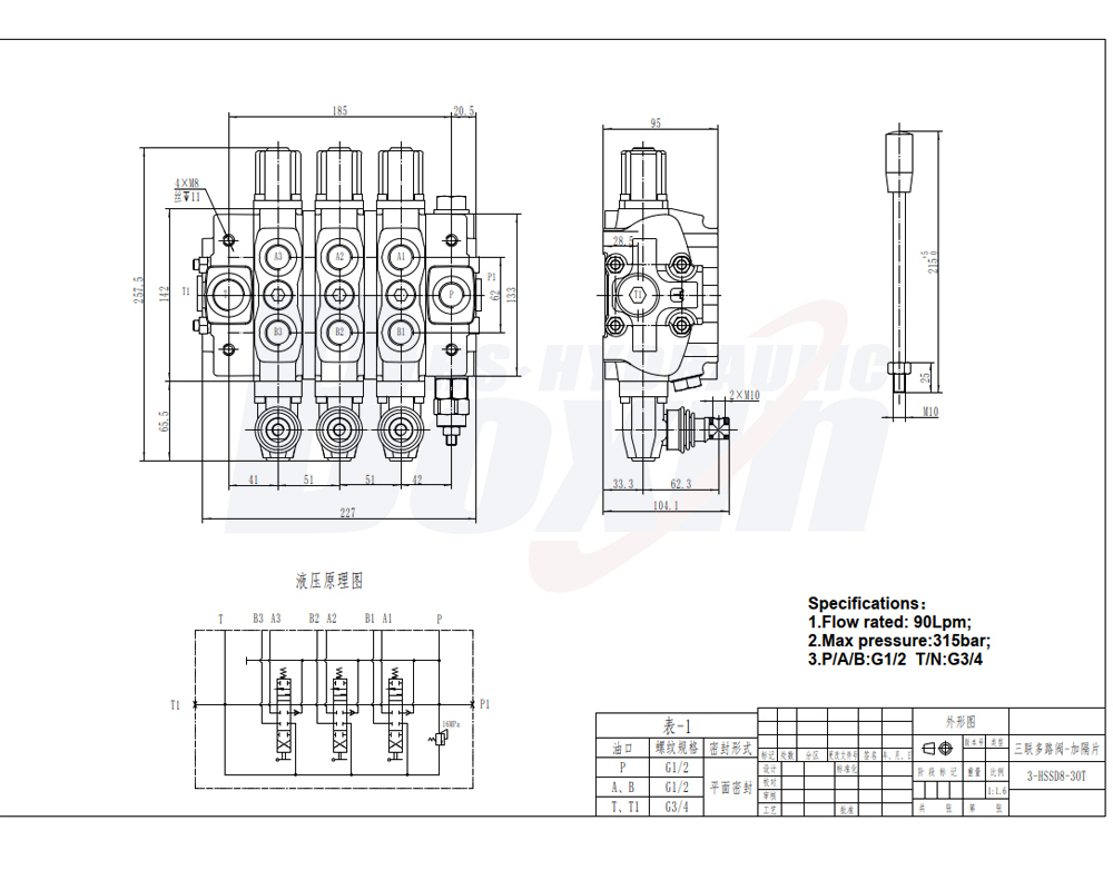 SD8 手控 3 联 分块式方向阀 drawing image